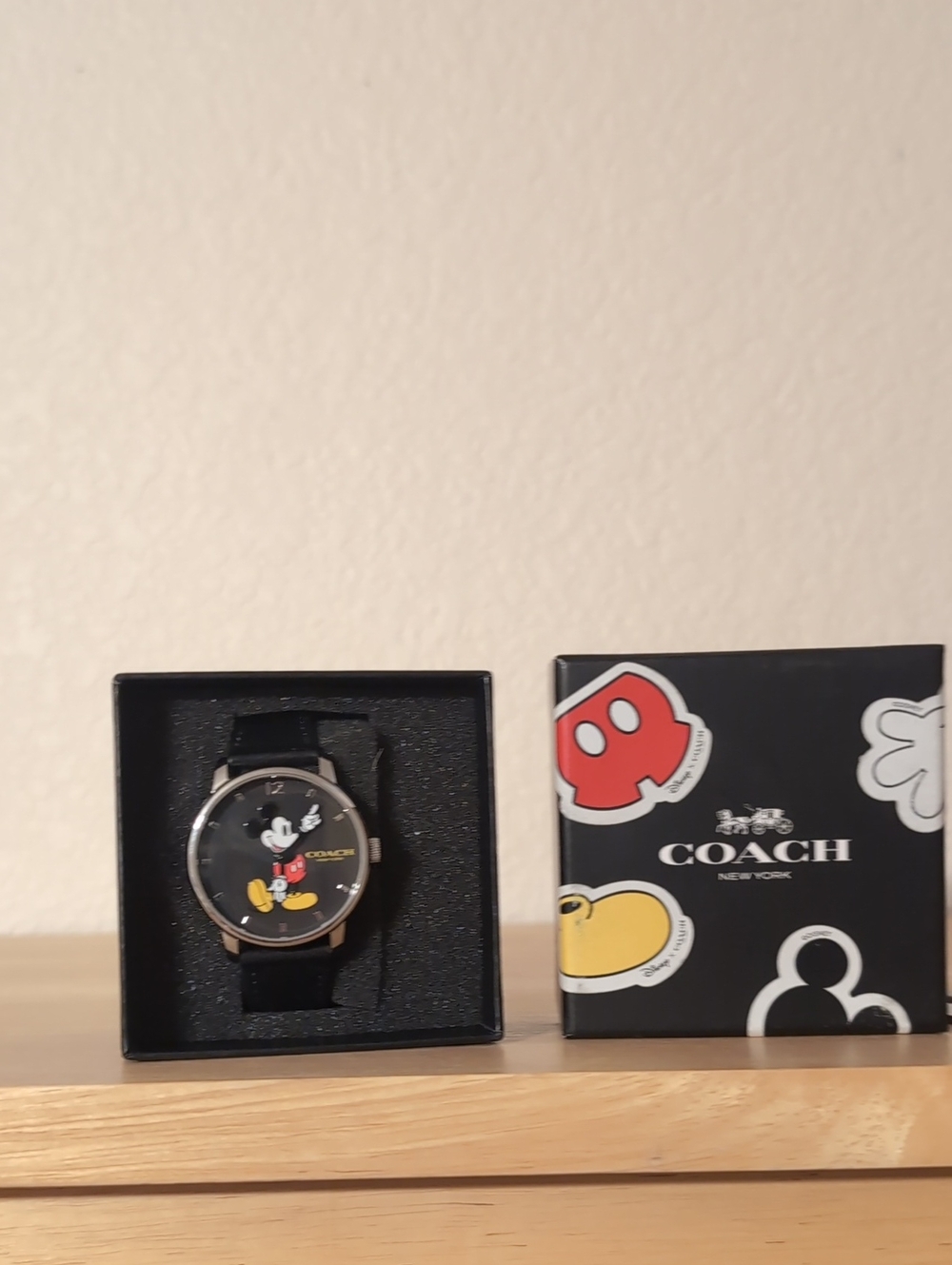 Coach Black Mickey Mouse Men's Leather Strap Watch with Silver Case NWT